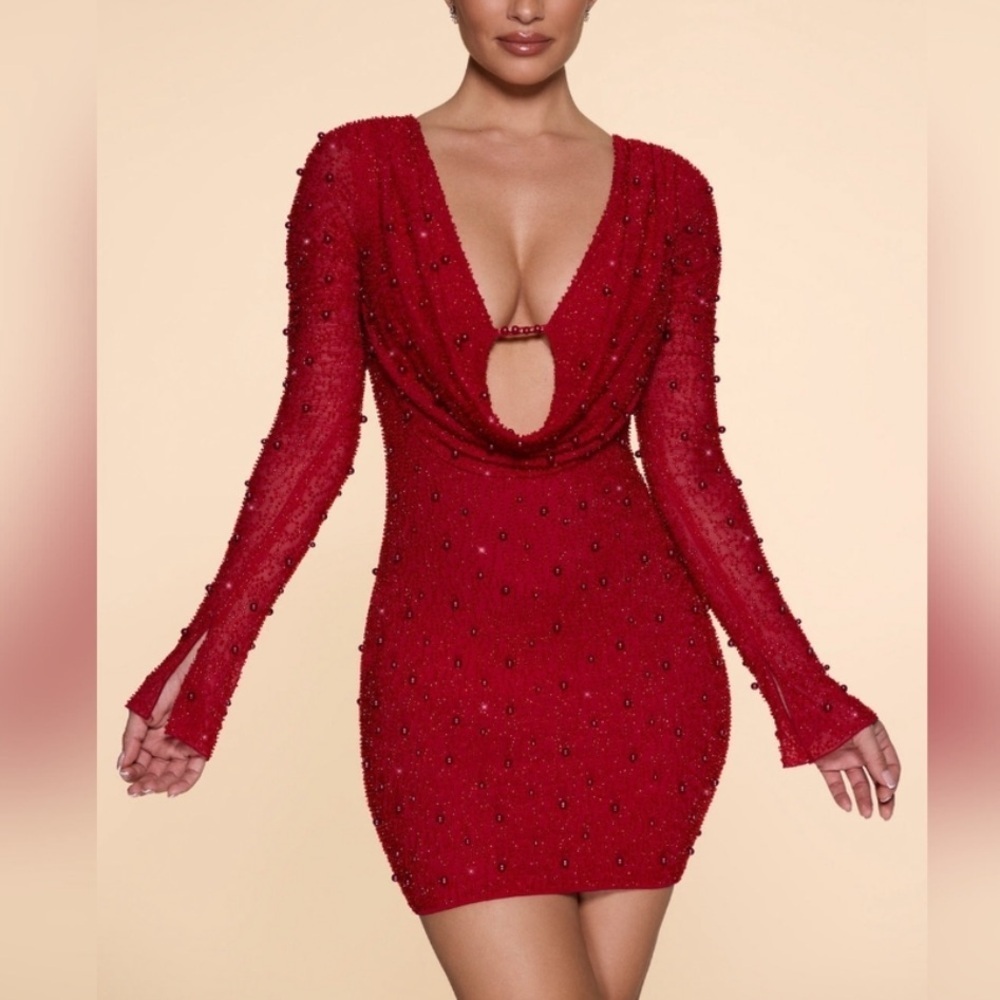 Ohpolly Nice Long Sleeve Deep Plunge Mini Dress in Rose - BNWT Medium